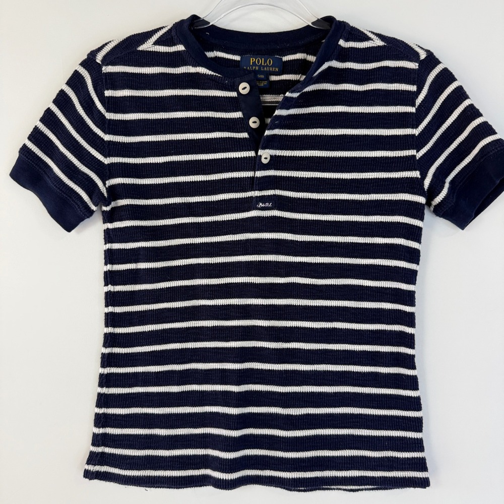 Polo Ralph Lauren Henley Top Women S(8) Navy White Striped Waffle Short Sleeve
